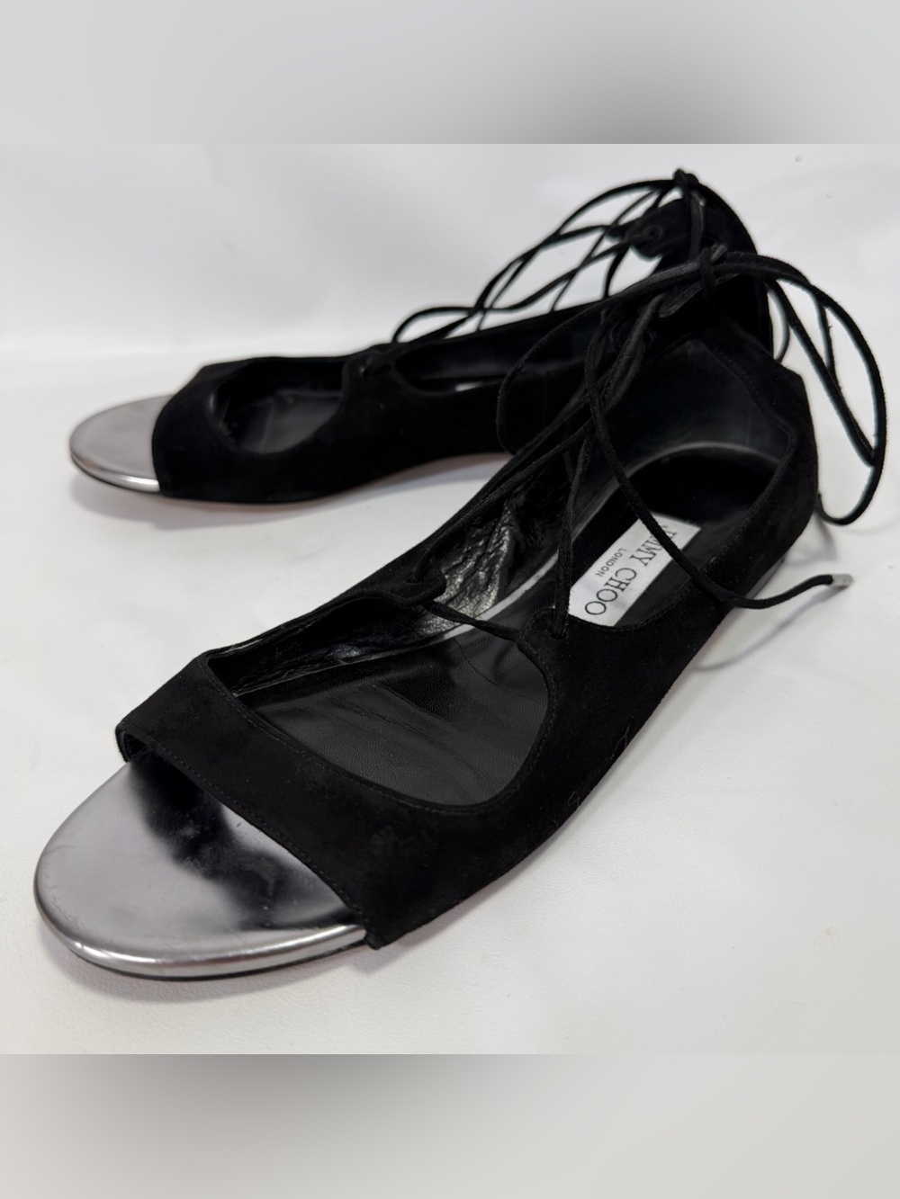 Jimmy Choo London Black Suede Ankle Wrap Flat Women’s Shoes 7 / 37 Open Toe